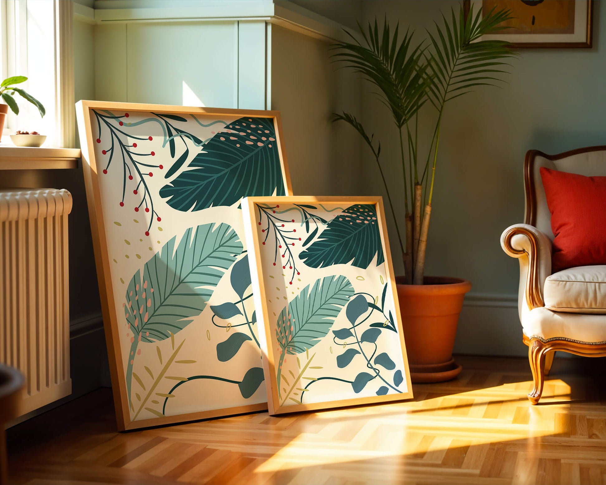 Abstract Botanical Illustration with Colorful Leaf Patterns
