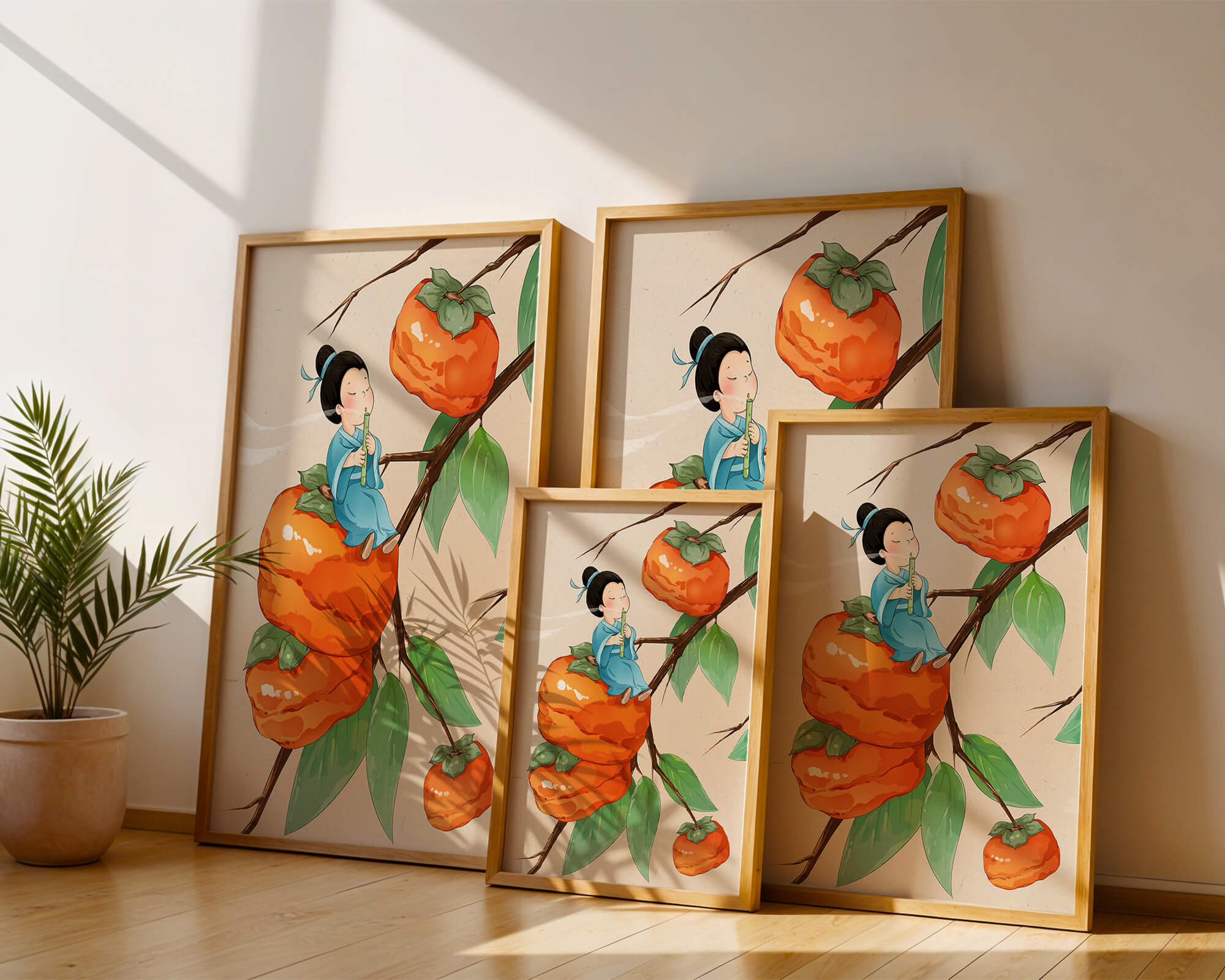 Child playing flute on persimmon-filled tree in whimsical illustration