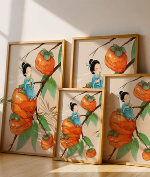 Child playing flute on persimmon-filled tree in whimsical illustration