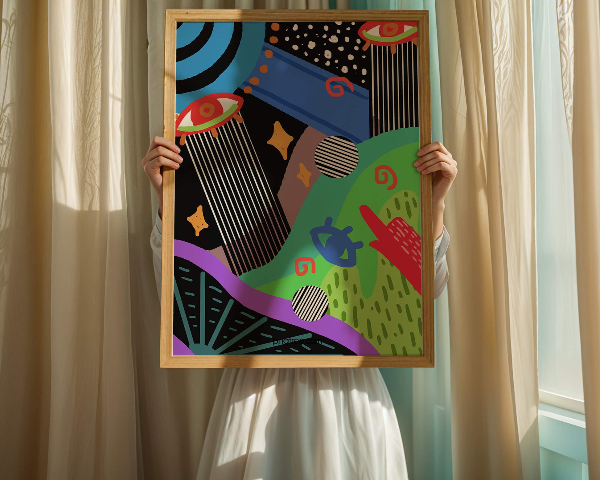 Œuvre d'art psychédélique abstraite colorée avec des formes géométriques et des yeux