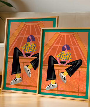 Stylish woman sitting in a vibrant geometric setting