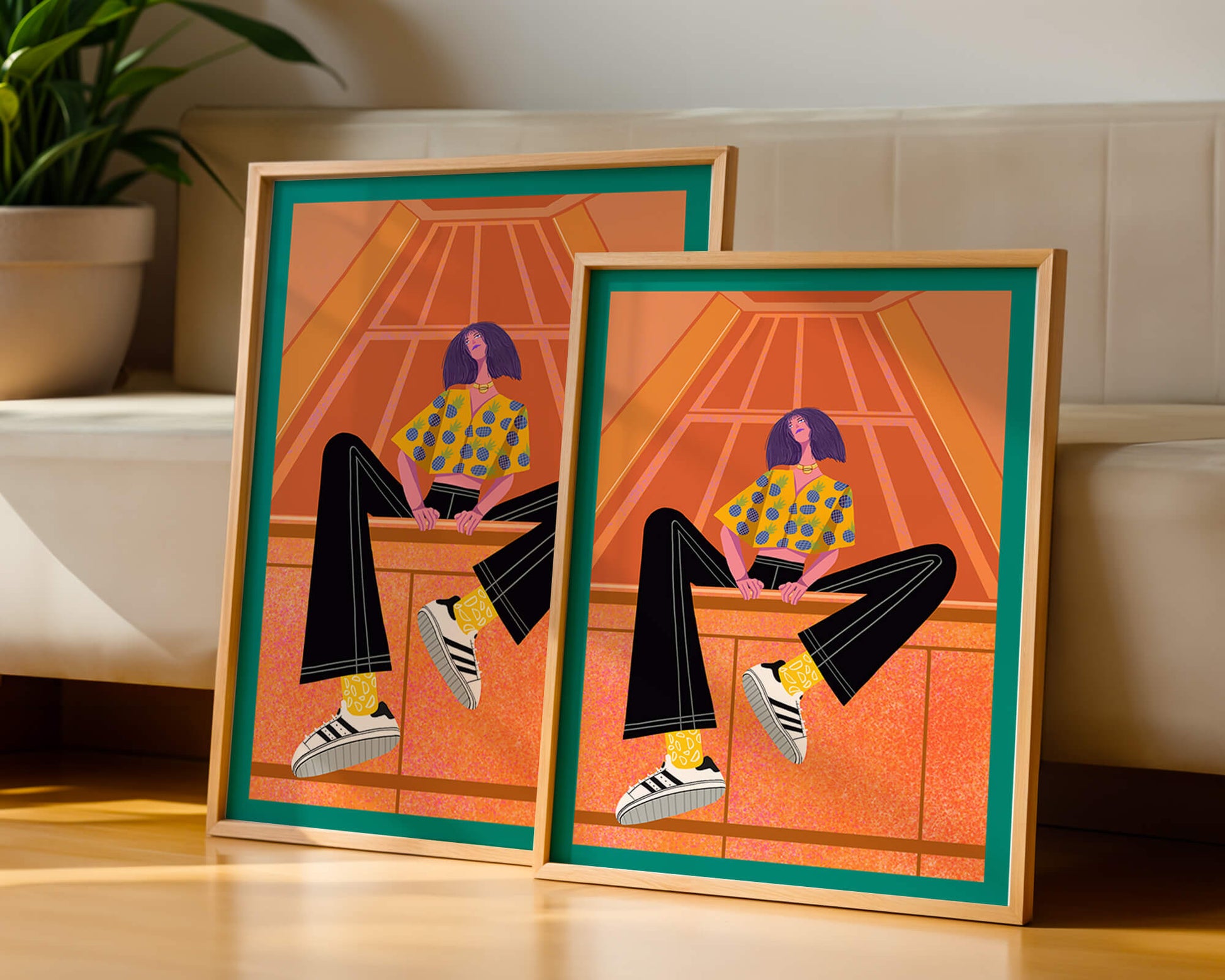 Stylish woman sitting in a vibrant geometric setting