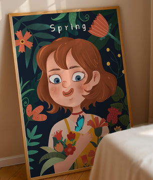 Ilustración primaveral encantadora con flores y mariposa