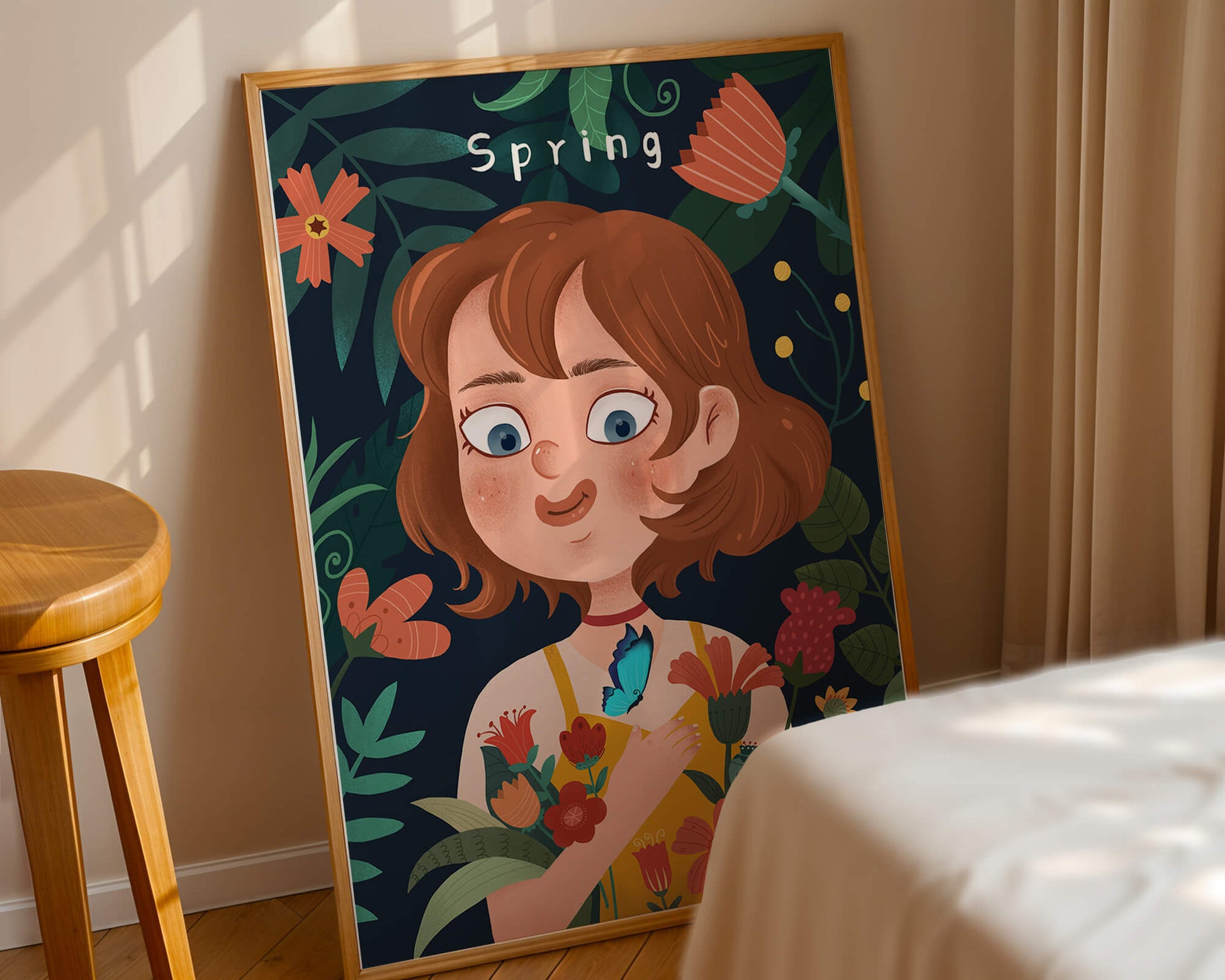 Ilustración primaveral encantadora con flores y mariposa