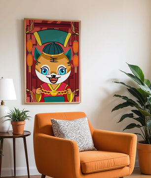 Tigre de dibujos animados colorido con linternas y elementos tradicionales