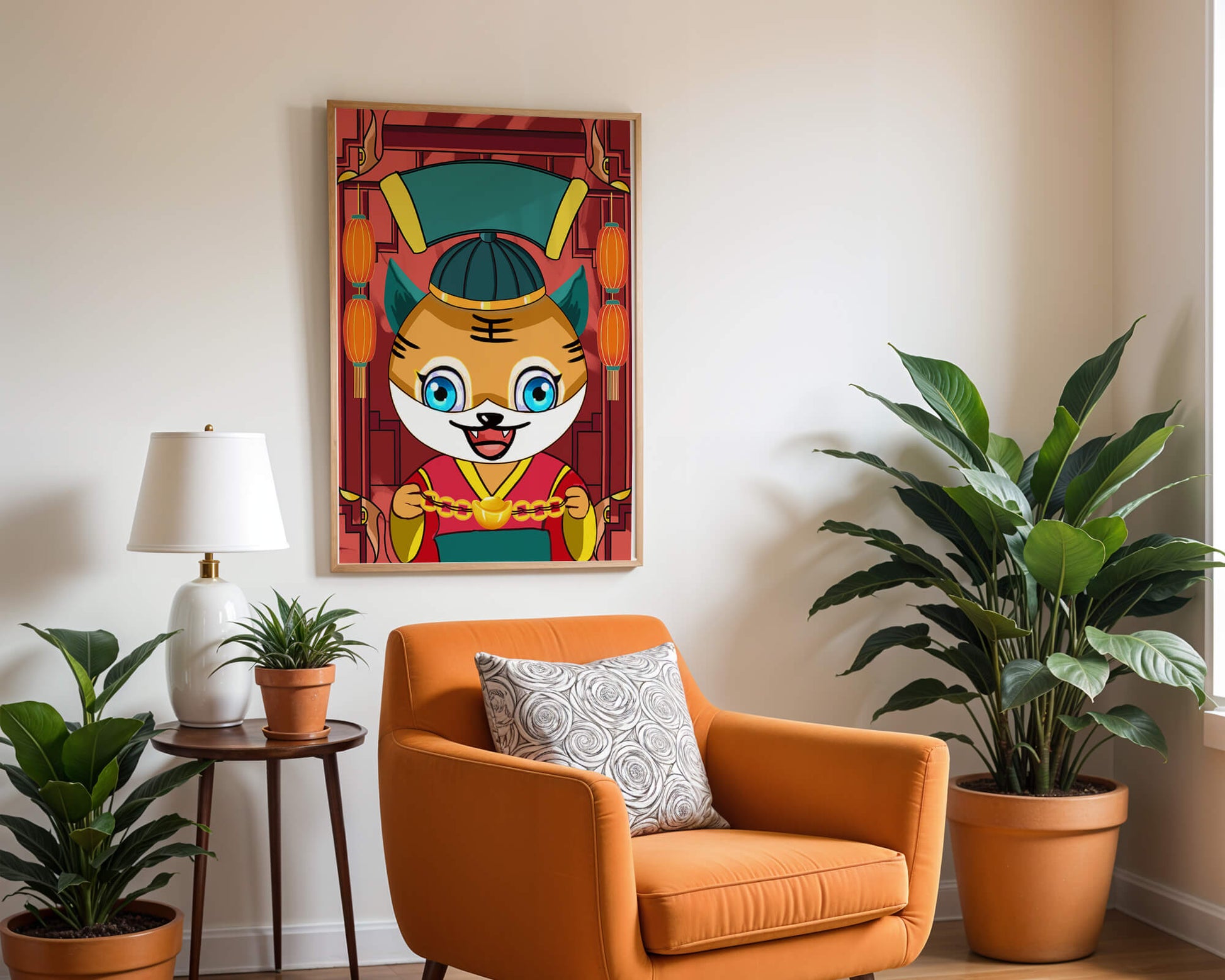 Colorful cartoon tiger with lanterns and traditional elements