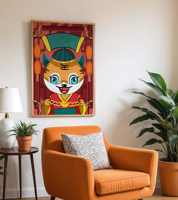 Colorful cartoon tiger with lanterns and traditional elements