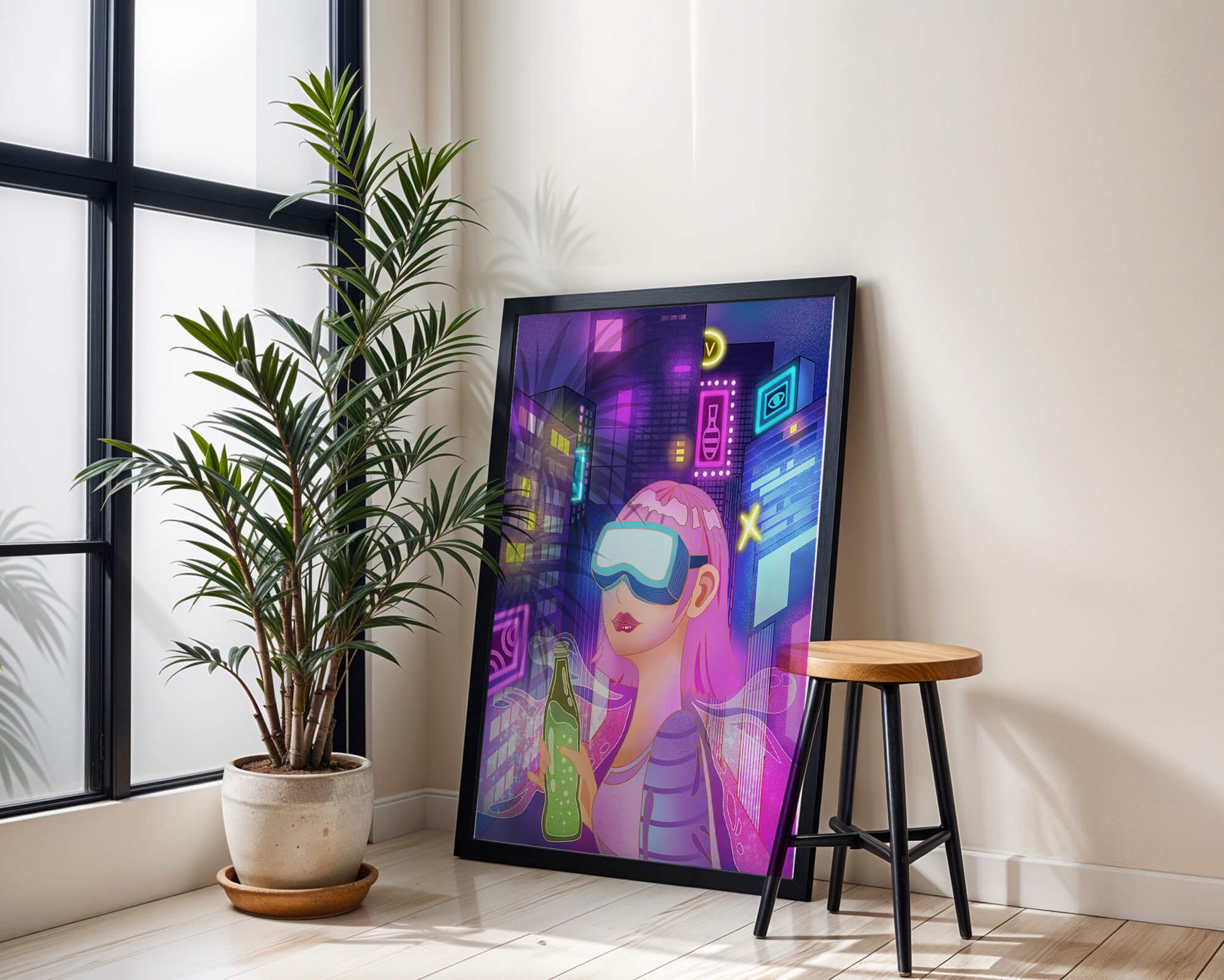 Futuristic urban scene with neon lights and virtual reality elements