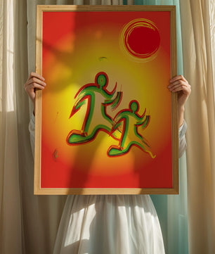 Abstract colorful figures under a vibrant sun with warm tones