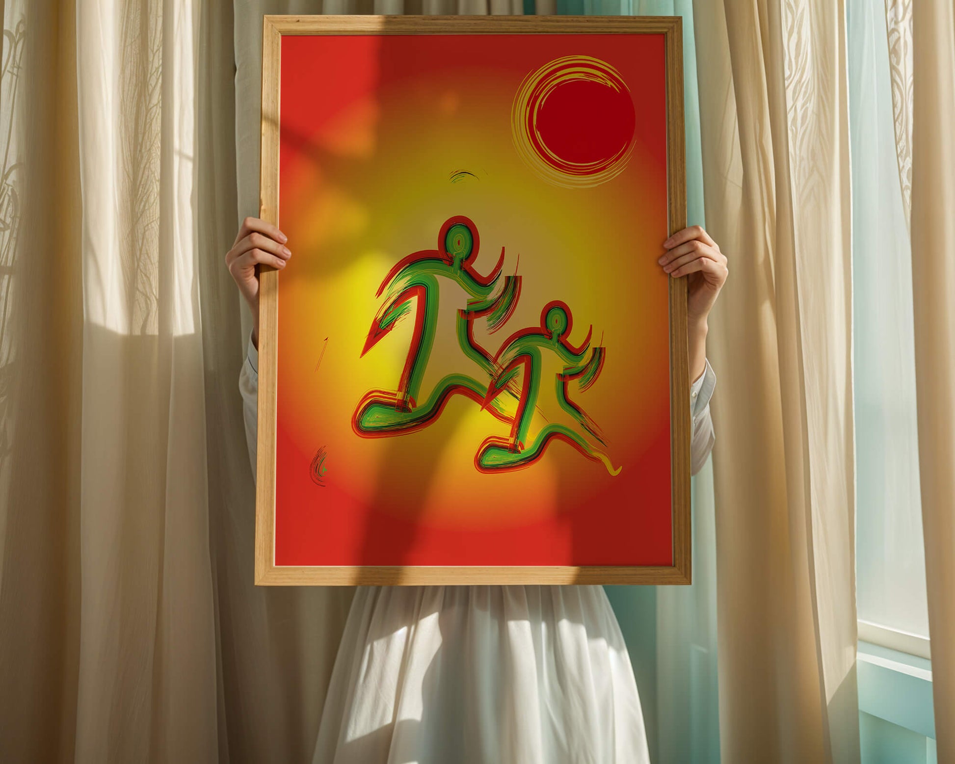 Abstract colorful figures under a vibrant sun with warm tones
