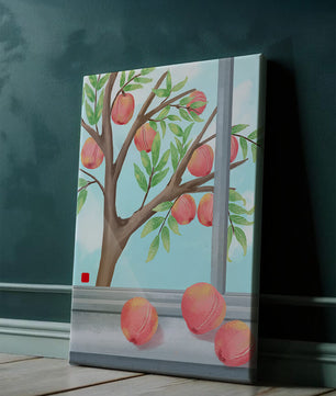 Peach tree outside a window with ripe peaches and sunny sky