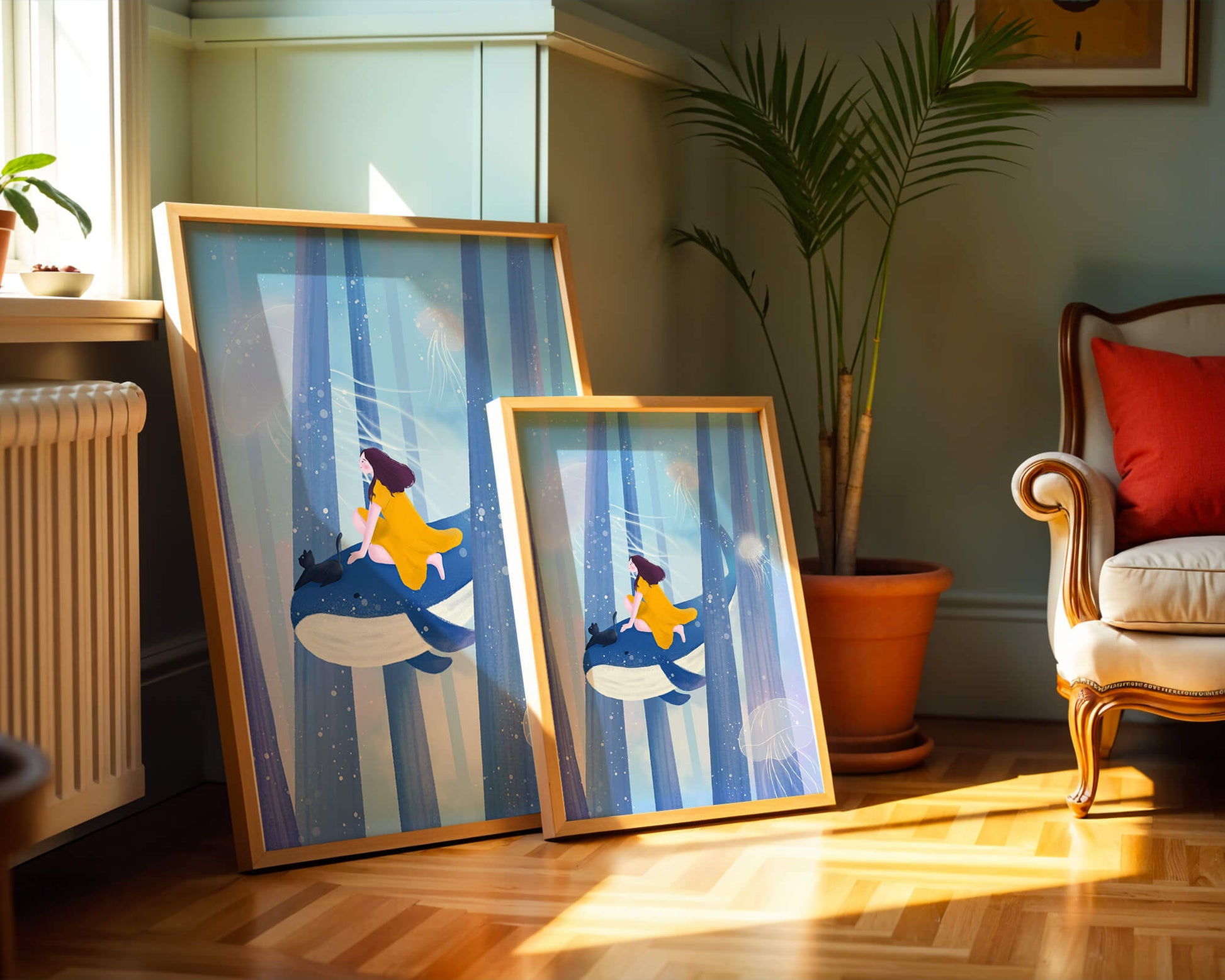 Dreamlike scene with girl, cat, and whale in an ethereal ocean