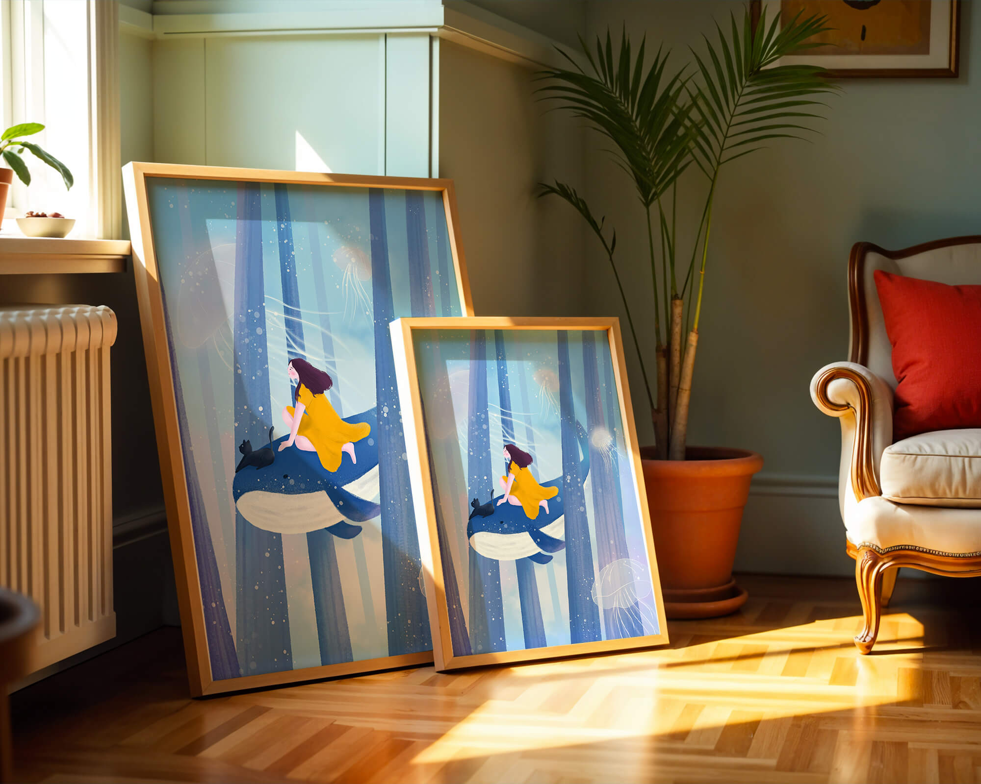 Dreamlike scene with girl, cat, and whale in an ethereal ocean