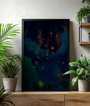 Enchanted night forest with glowing fireflies and dense foliage