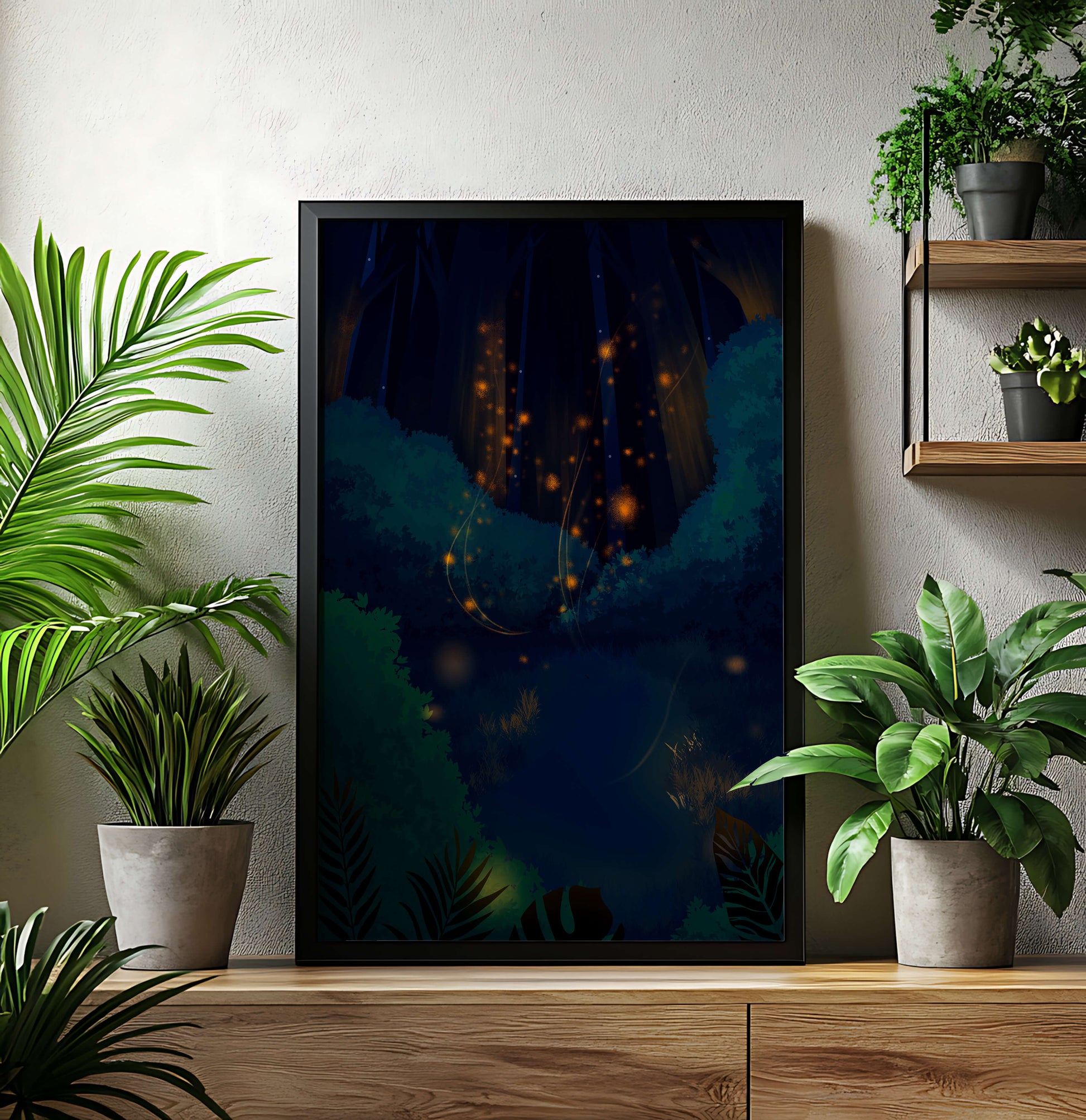 Enchanted night forest with glowing fireflies and dense foliage