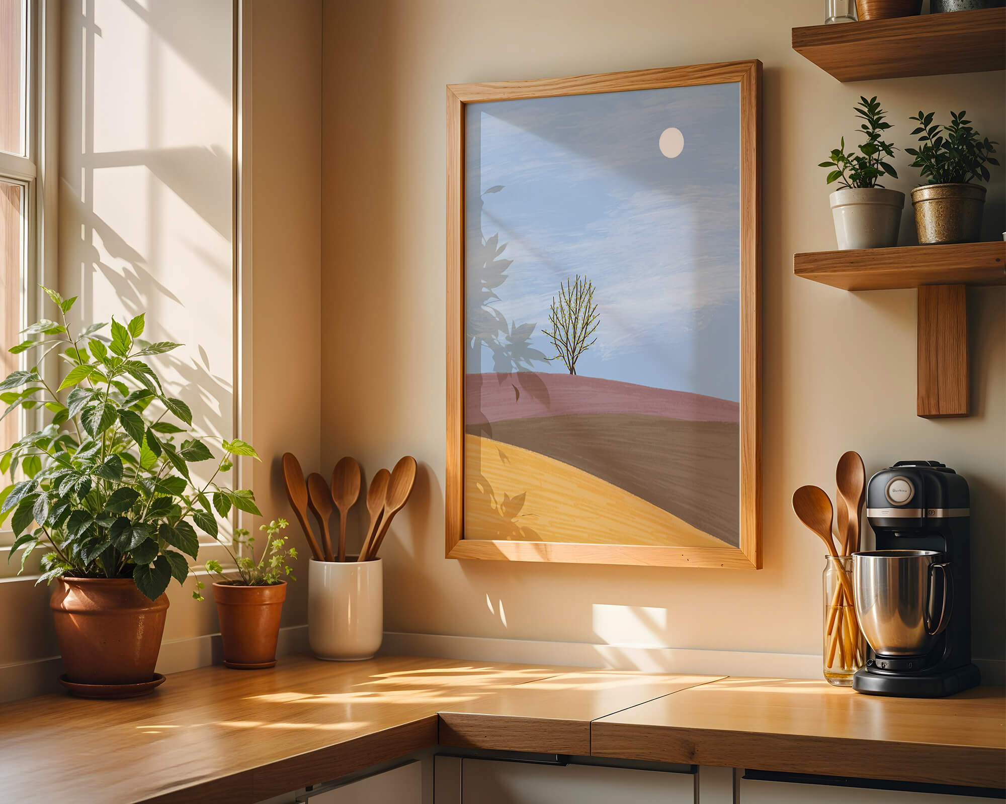 Paisaje sereno con un árbol solitario y horizonte elegante