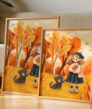 Girl with Cute Cat in Autumn Forest with Colorful Leaves