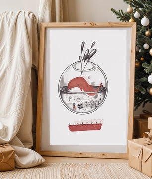 Ilustración de una ballena dentro de una pecera con una regla rosa