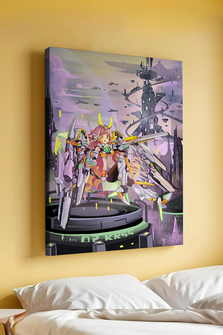 Futuristic illustration of girl with robot in sci-fi cityscape