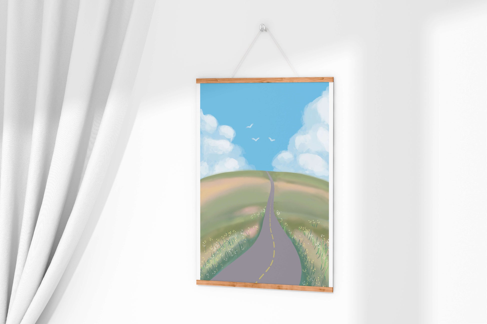 Serene countryside road with vibrant sky and rolling hills