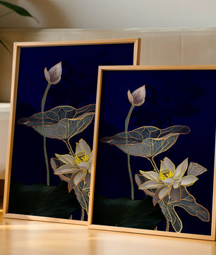 Elegant Lotus Flower with Gold Accents on Deep Blue Background