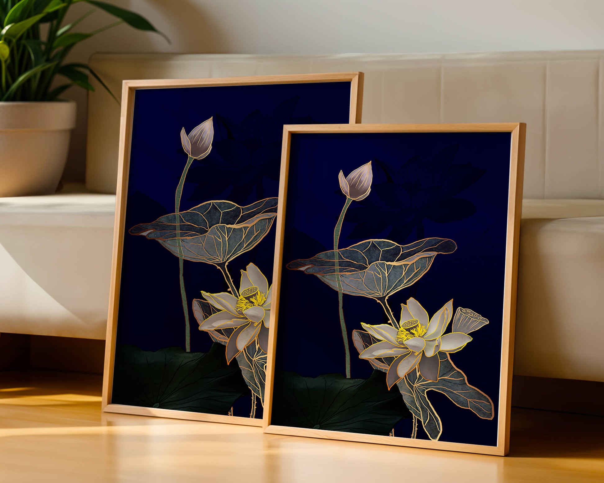 Elegant Lotus Flower with Gold Accents on Deep Blue Background