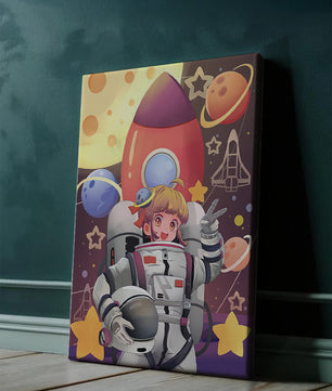 Ilustración de una chica astronauta con temática espacial