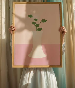 Simple Minimalist Illustration of a White Vase with Green Leaves on a Pink Background - Mi tienda