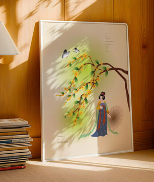 Traditional Chinese painting featuring a woman with flowers and butterflies