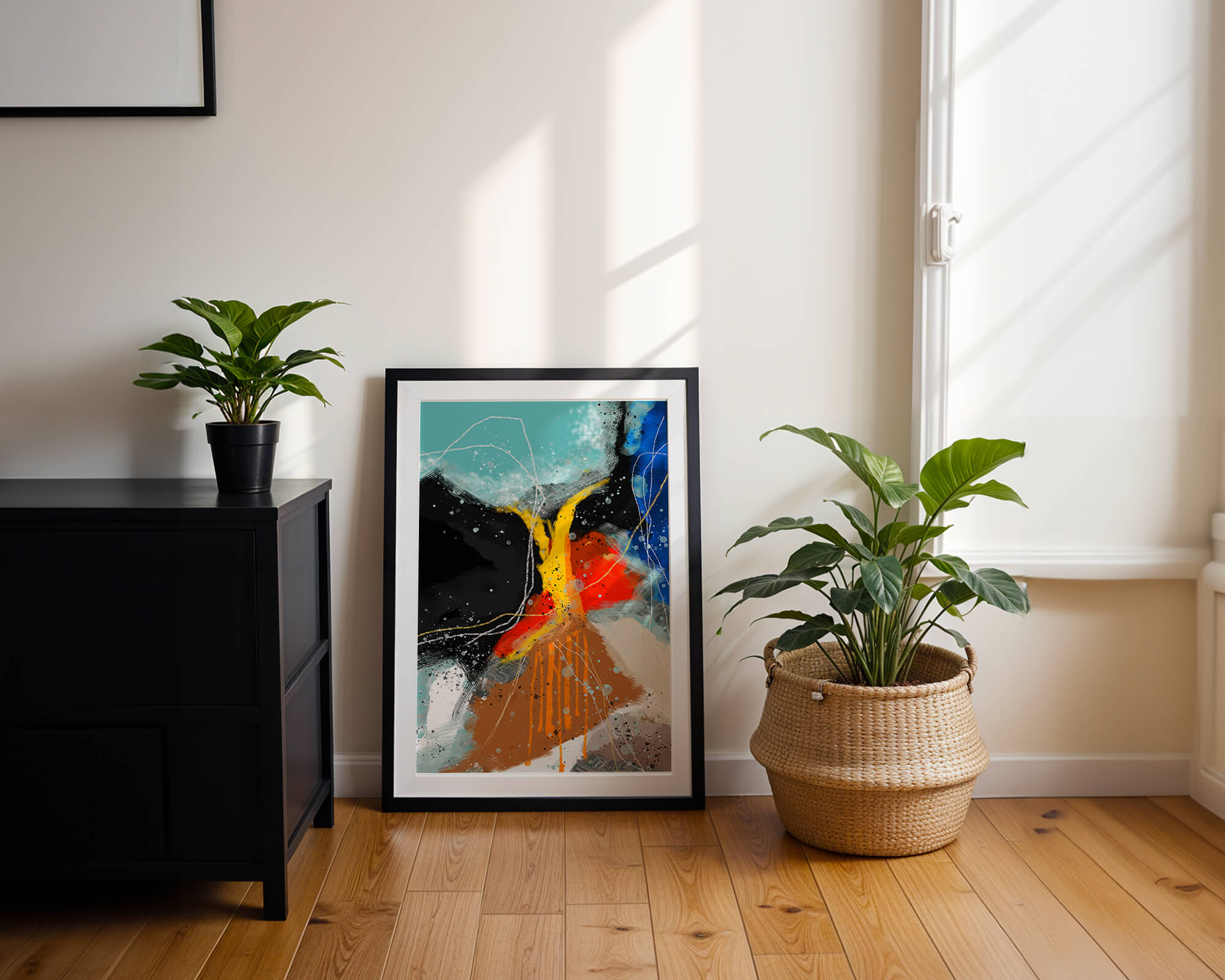 Abstract Expressionism Painting with Bold Color Splashes and Dynamic Lines
