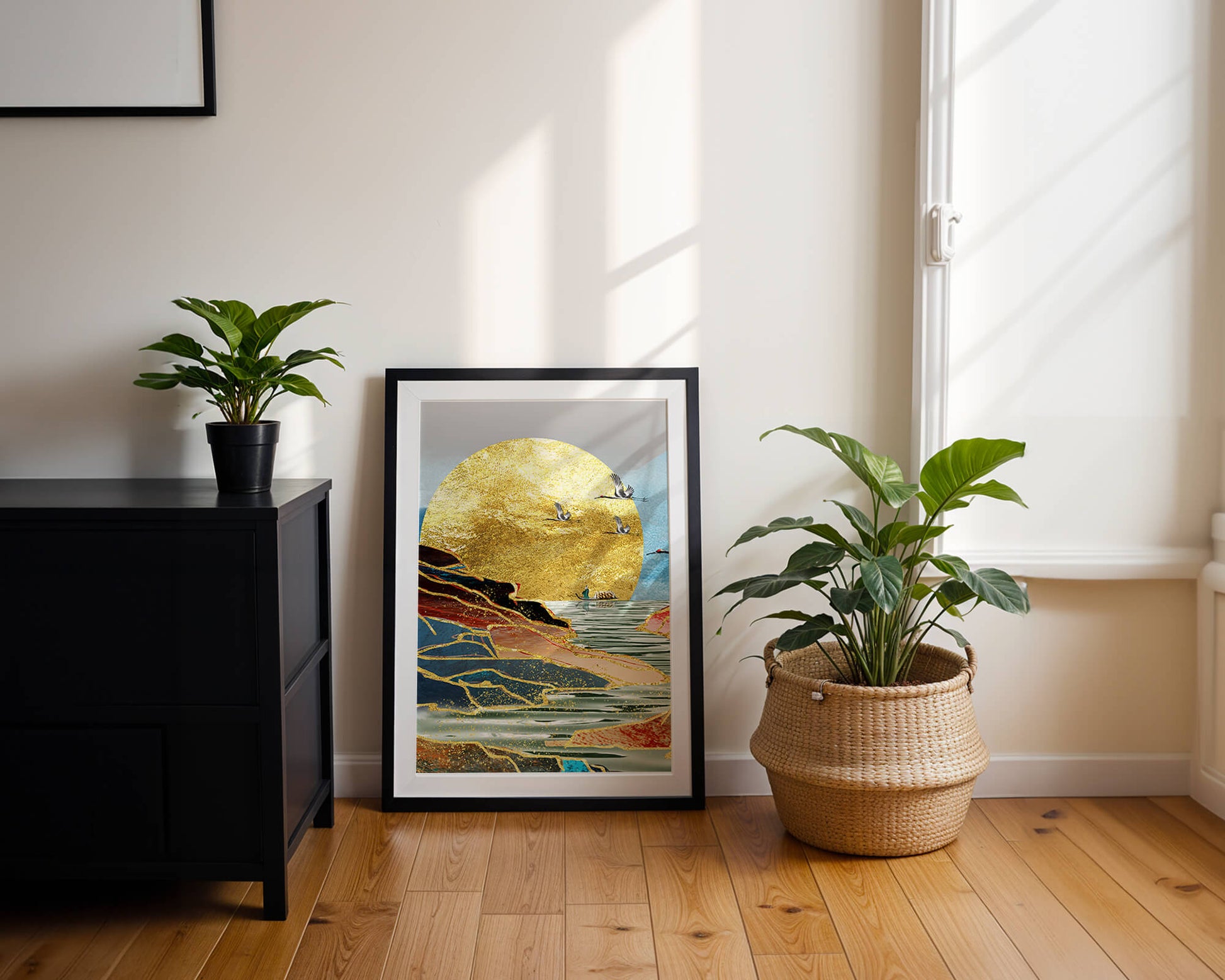 Majestic Golden Sun with Birds over Serene Landscape