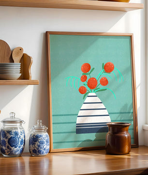 Vase with Red Flowers on a Textured Blue Background - Mi tienda