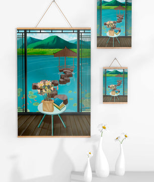Scenic view from a room overlooking a tranquil water garden with stepping stones and mountains