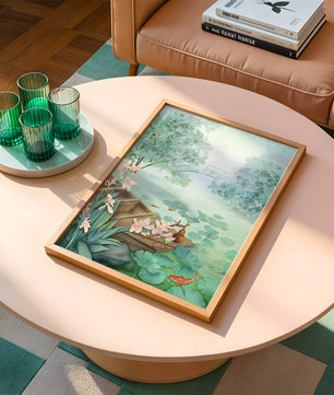 Serene Pond with Wooden Boat and Bridge Under Misty Sky - Mi tienda
