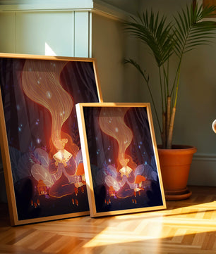 Magical forest scene with lantern and glowing hair