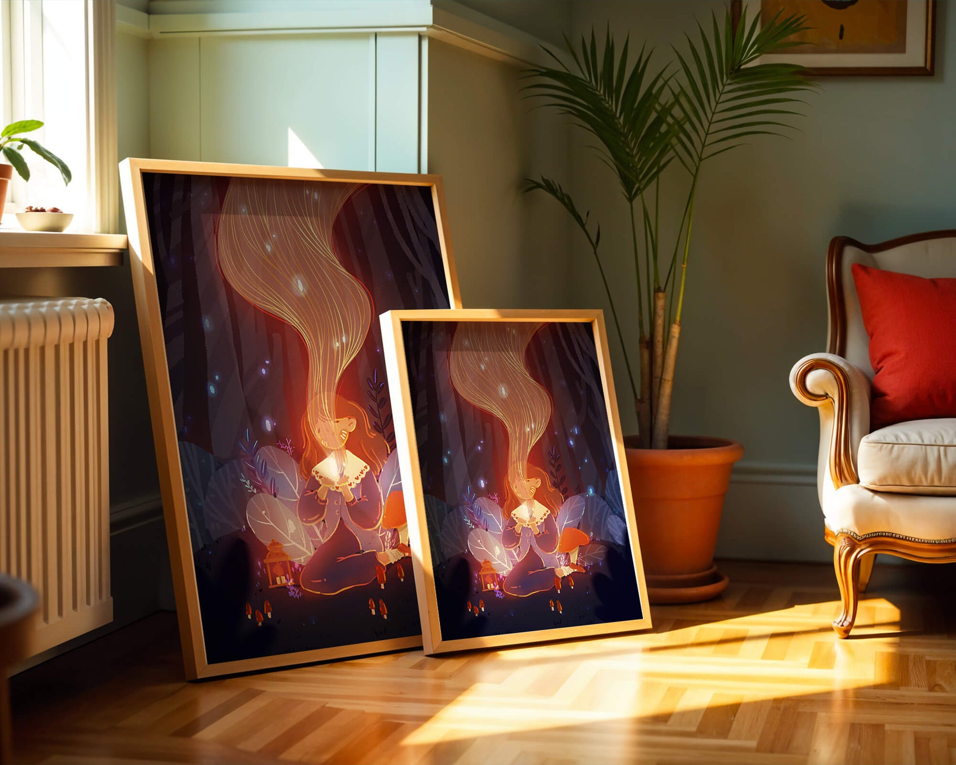 Magical forest scene with lantern and glowing hair