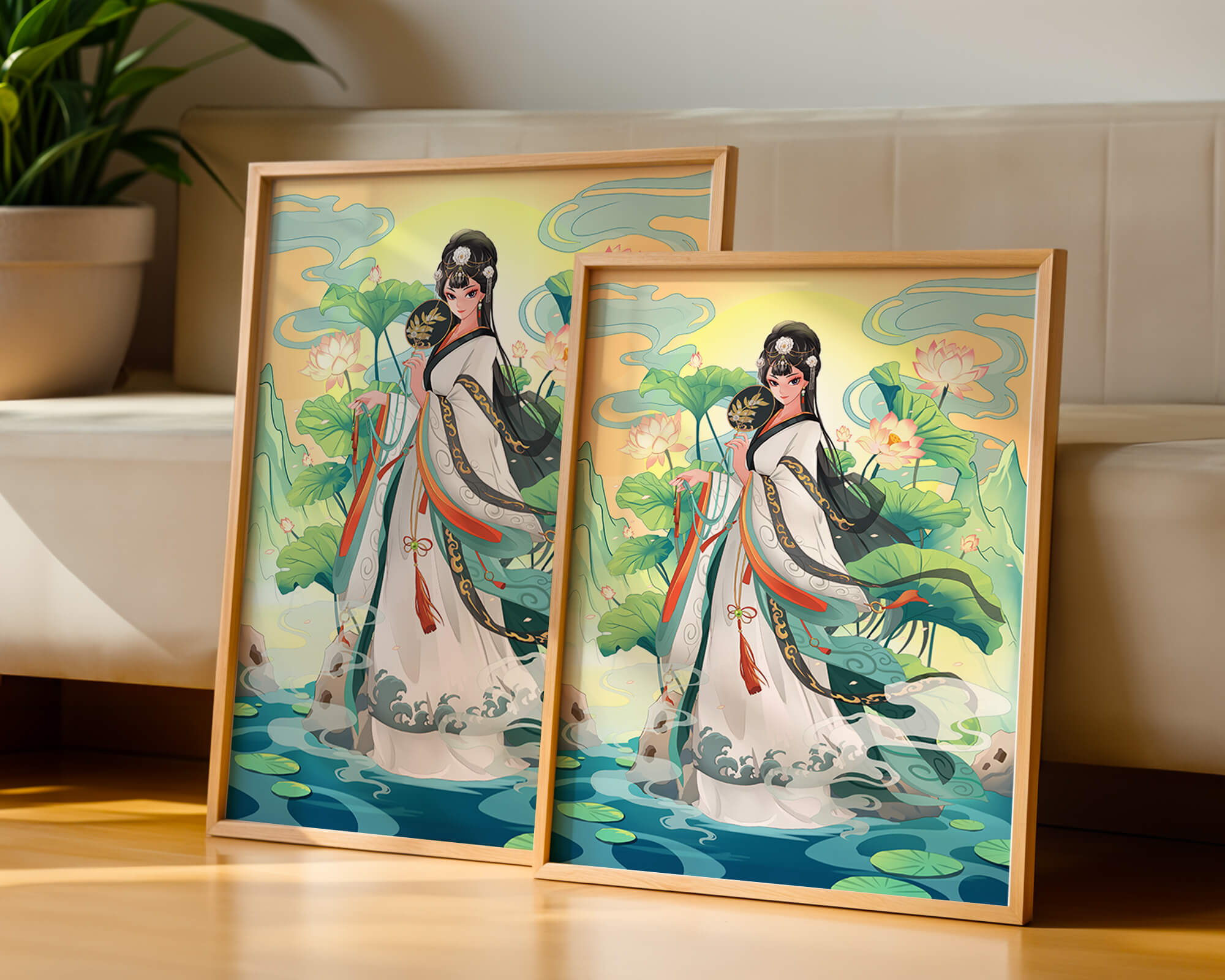 Elegant woman in traditional attire with lotus flowers and serene backdrop