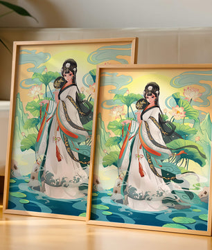 Femme élégante en tenue traditionnelle avec des fleurs de lotus et un décor serein