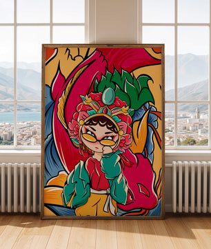 Vibrant illustration featuring a character in traditional costume with dragon elements