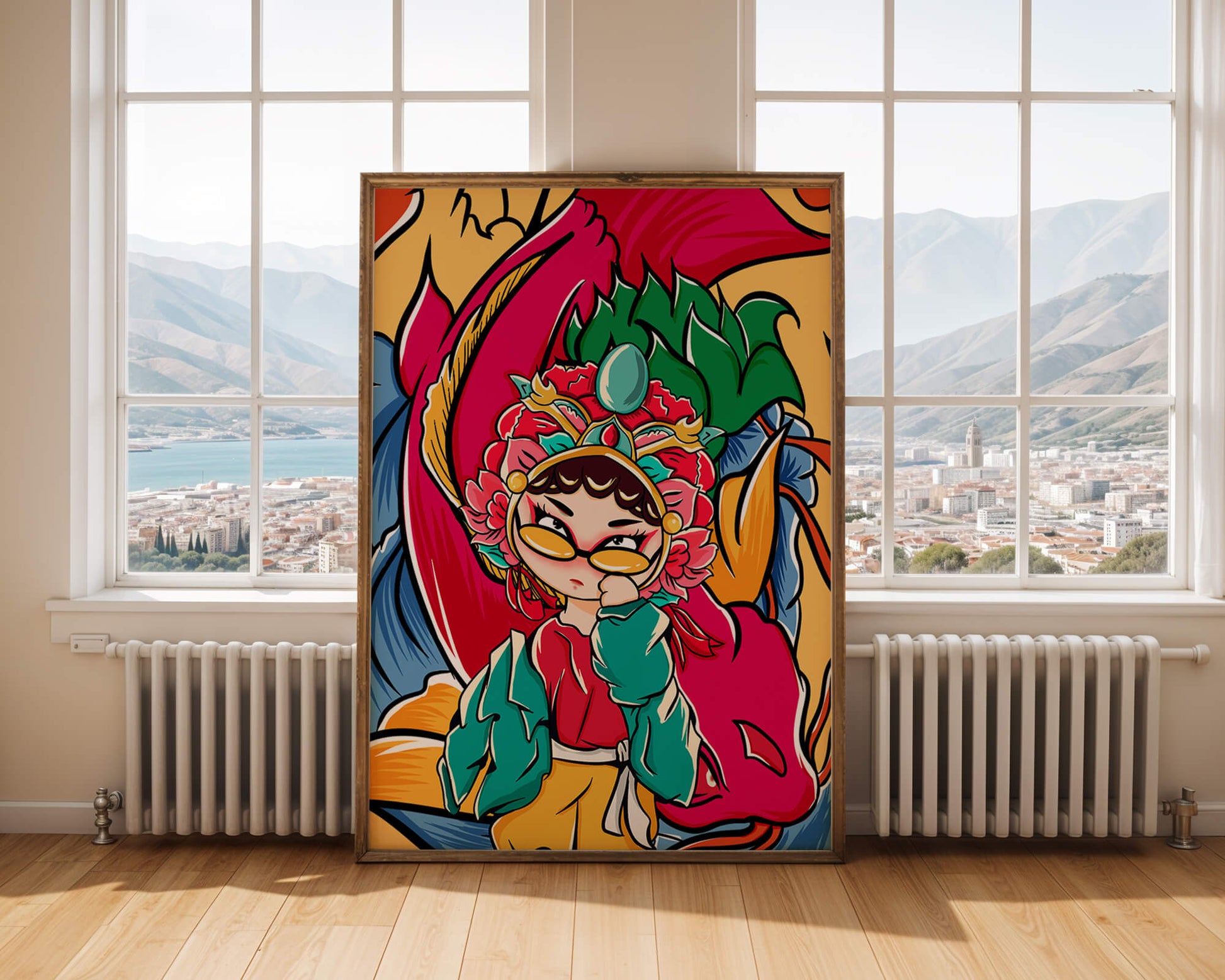 Vibrant illustration featuring a character in traditional costume with dragon elements
