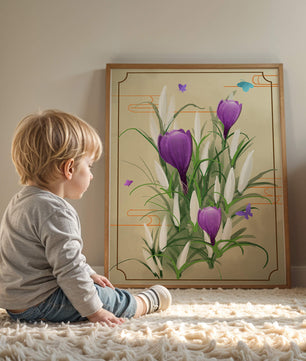 Elegant Crocus Flowers with Butterflies in a Delicate Frame