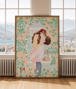 Romantic Kiss Amidst Blooming Flowers And Playful Cat