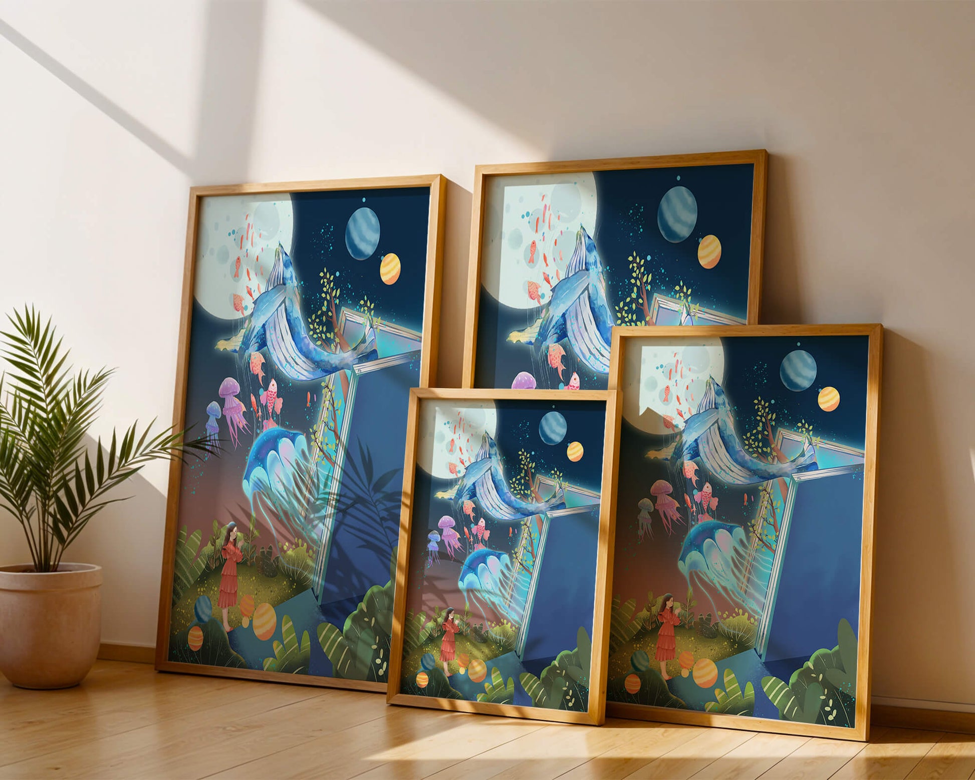 Surreal Ocean Life Emerging From a Book in a Dreamlike Forest Scene