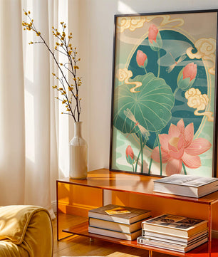 Ruhiges orientalisches Lotus-Design mit Libellen und Wolken
