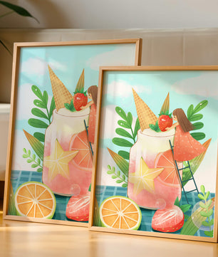 Bezaubernde Sommergetränk-Illustration mit Früchten, Blättern und einem Kind