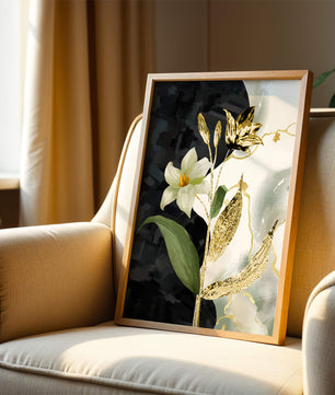 Diseño floral abstracto con detalles dorados y oscuros
