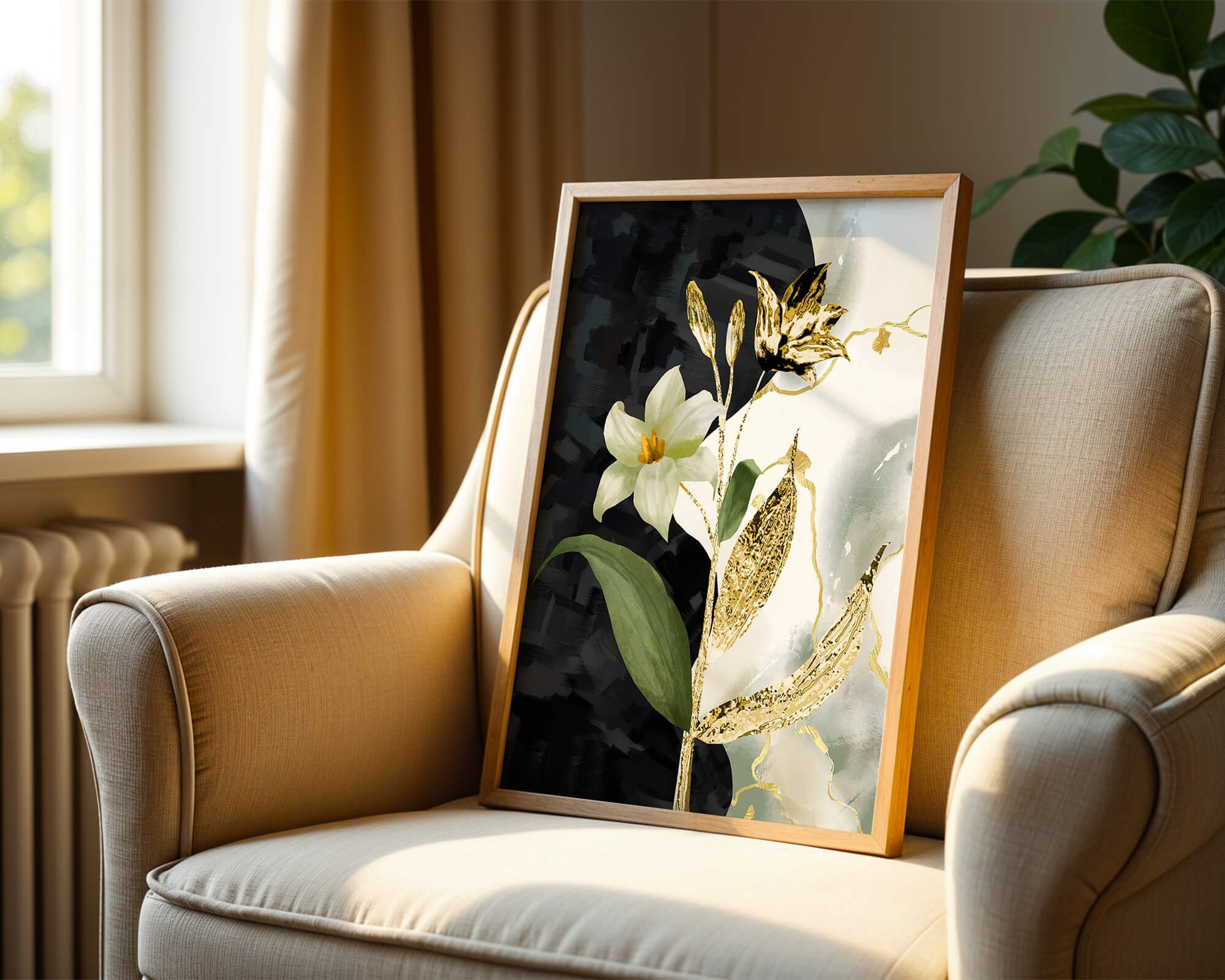 Diseño floral abstracto con detalles dorados y oscuros