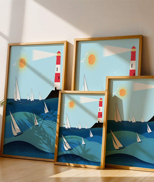 Coastal scene with sailboats and lighthouse on a bright sunny day