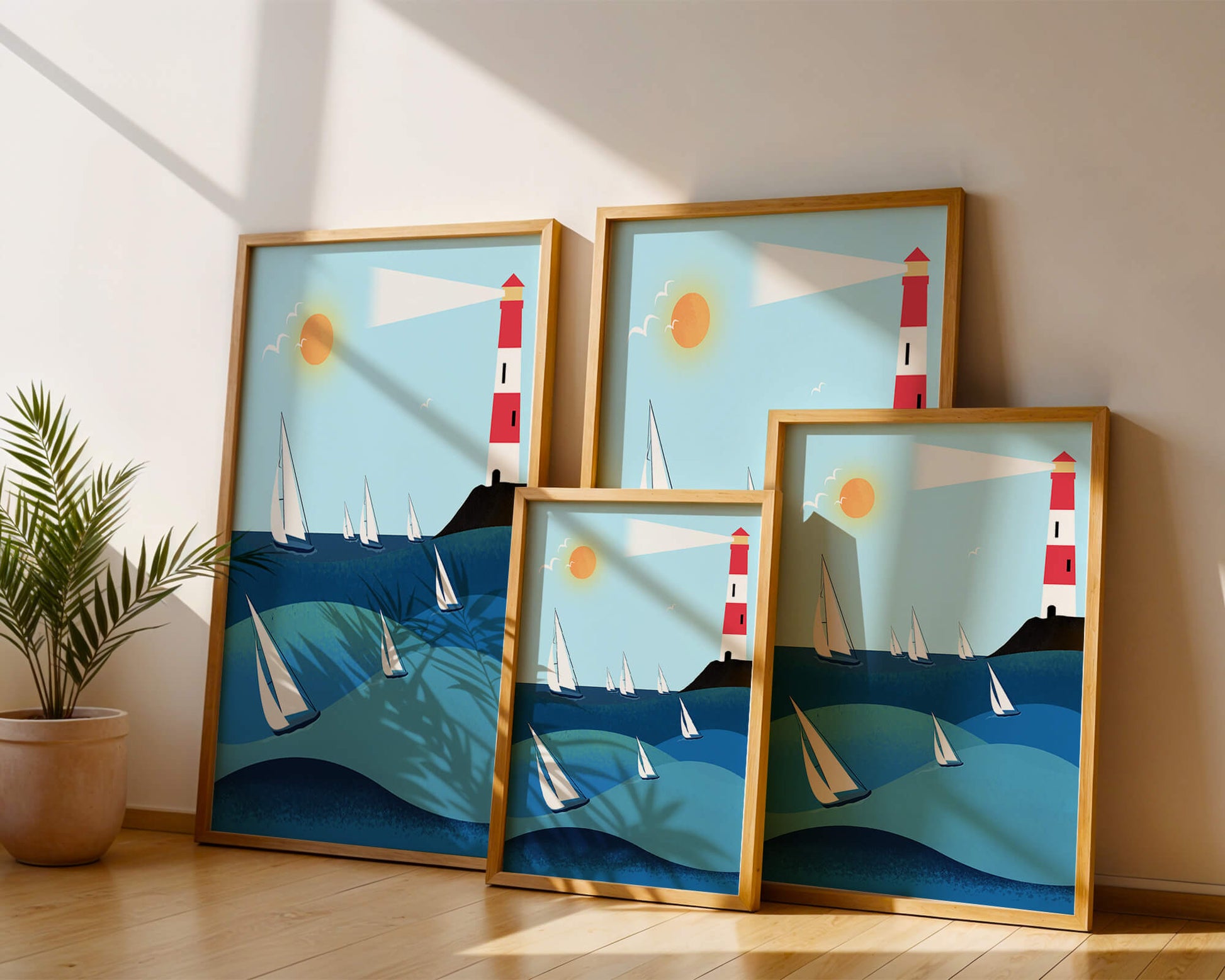 Coastal scene with sailboats and lighthouse on a bright sunny day