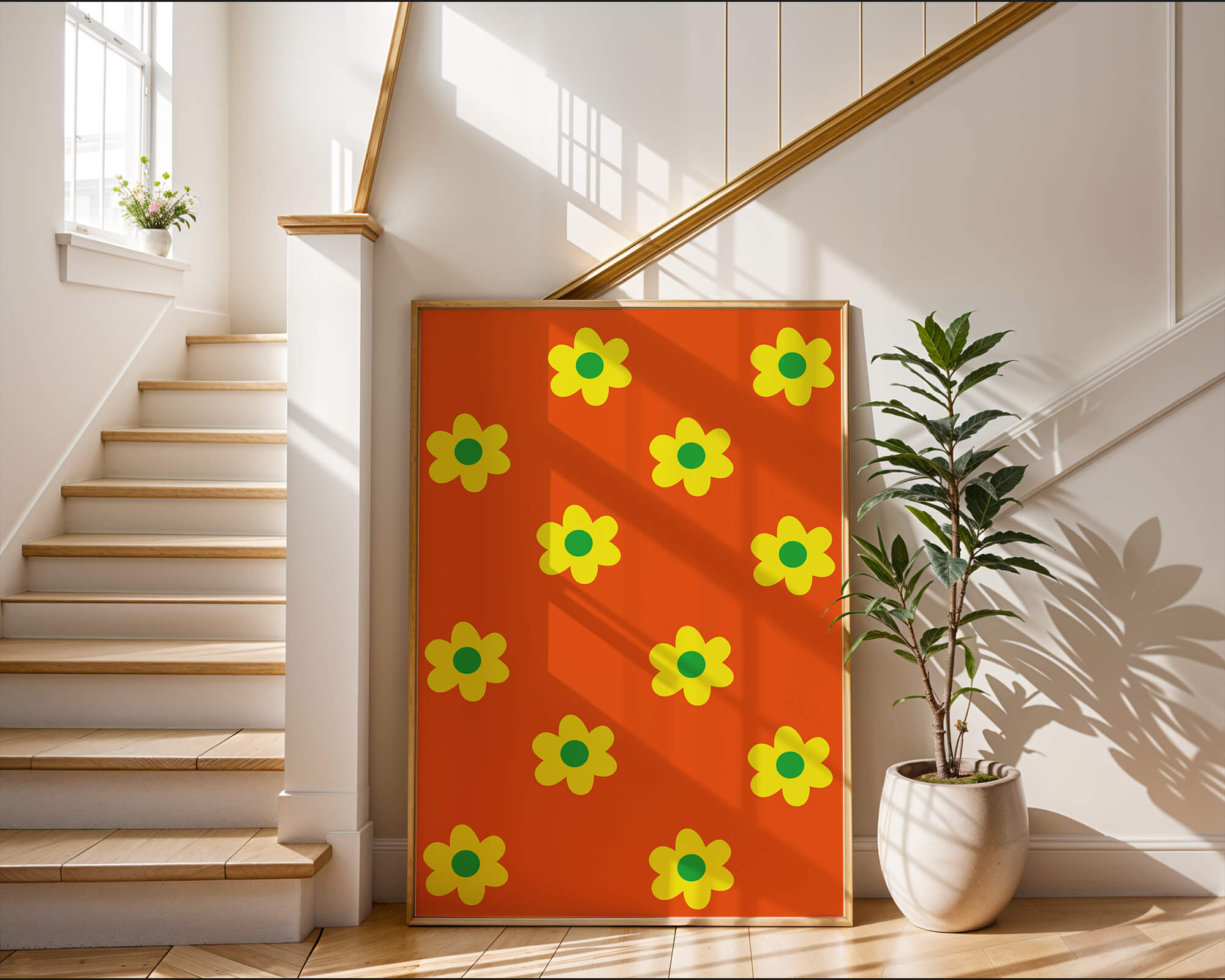 Colorful floral pattern with yellow flowers on orange background